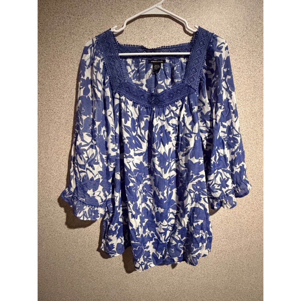 Robert Louis Womens XL Blue White Floral Crochet Lace Square Neck Blouse Top